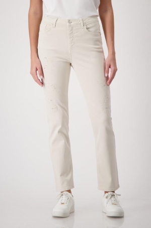 Monari női nadrág, bézs, strasszos, virágmintás