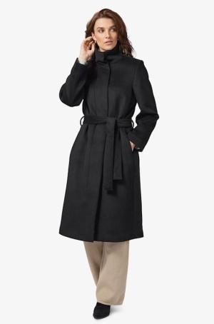 Frandsen női kabát, szövet, hosszú, öves, állógalléros