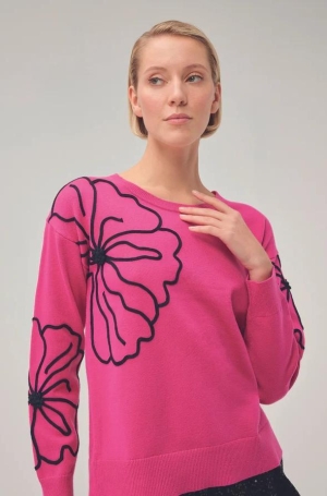 Leo & Ugo női pulóver, kereknyakú, T-ujjú, zsinóros-virágos